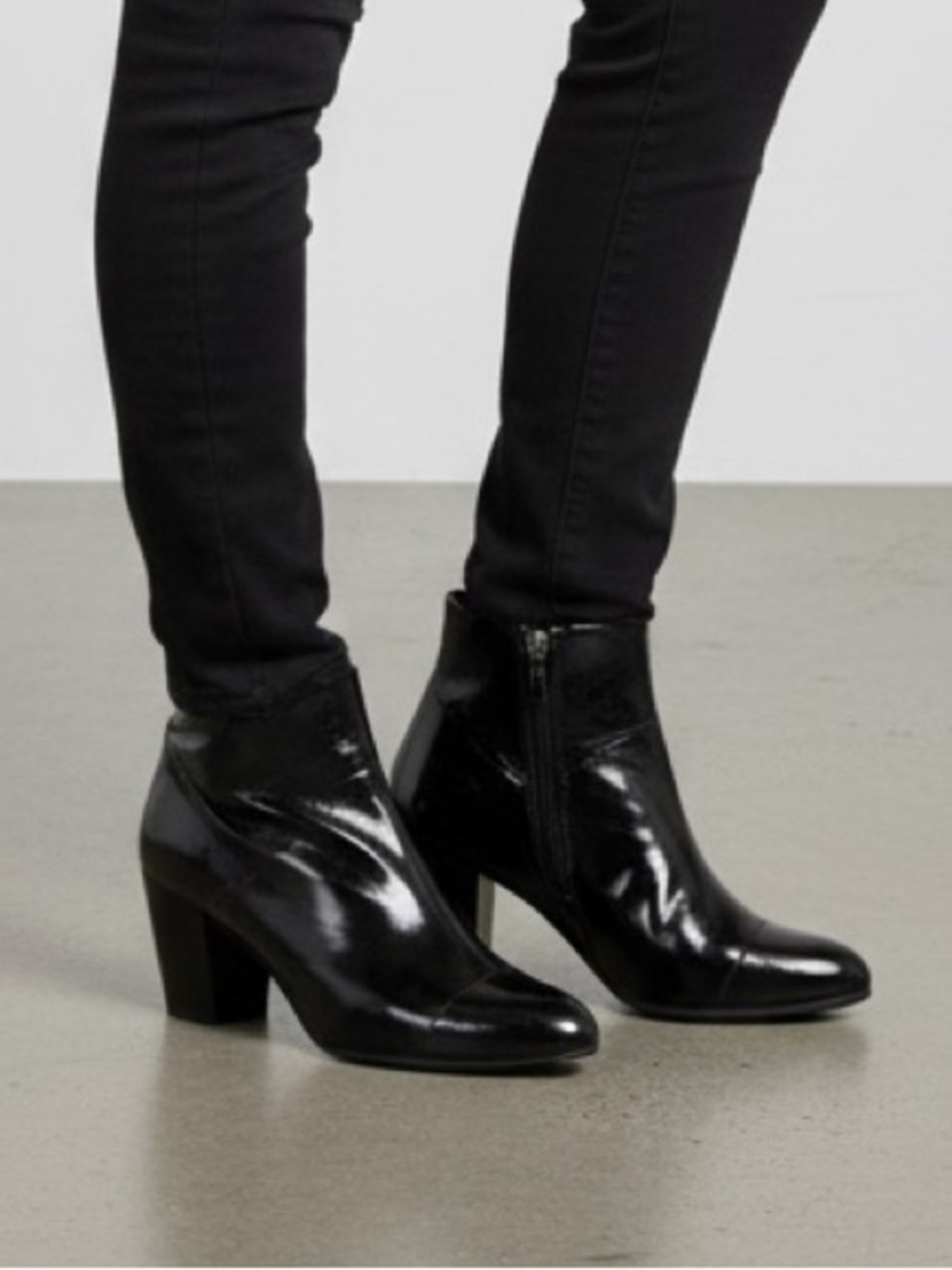 White House Black Market Black Patent Pointed Booties with Red Insole